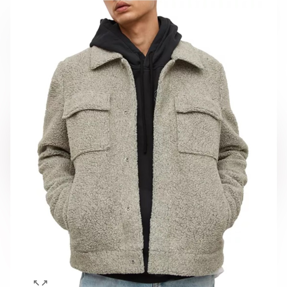 All Saints Men’s Gray/Khaki‎ Sherpa Asama Jacket Teddy Fleece Wool Blend size XS